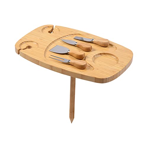 Vibes Hunter Easy to Store and Set Up 2 Person Oval Picnic Wine Glass Holders Table with Magnetic 4-pc Cheese Knife Set - Natural Bamboo 38x25x31cm
