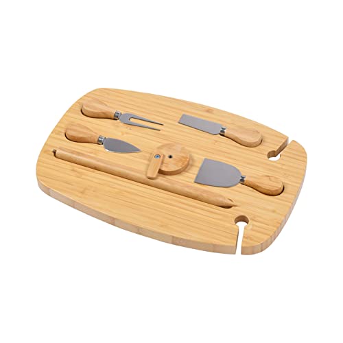 Vibes Hunter Easy to Store and Set Up 2 Person Oval Picnic Wine Glass Holders Table with Magnetic 4-pc Cheese Knife Set - Natural Bamboo 38x25x31cm