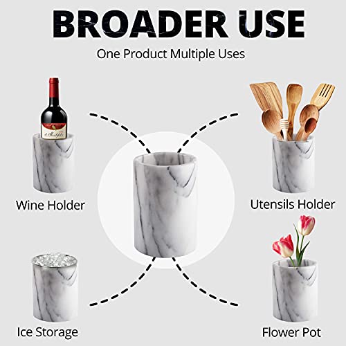 TheWolfard Handmade Luxury White Marble ChampagneWine Cooler Bucket and Utensils Holder , Best for Kitchen Accessories & Housewarming Gifts., 7X5X5