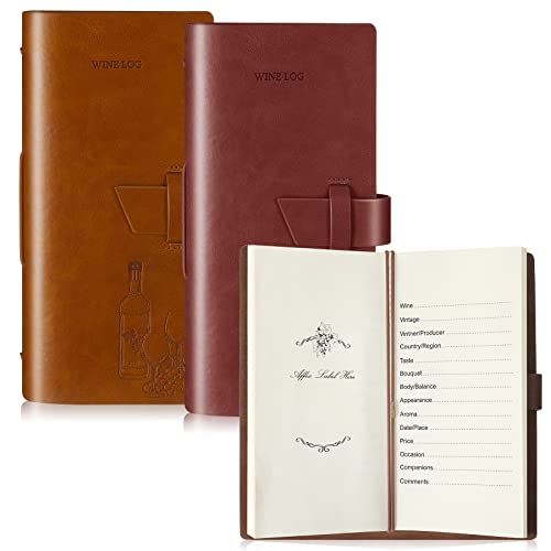 Gueevin 2 Pcs Wine Passport Journal Pu Leather Wine Tasting Book Pocket Sized Wine Tasting Journal Beer Wine Log Book with Templated Pages Gifts for Men Women Sommelier, Brown, 8 x 3.7 Inches