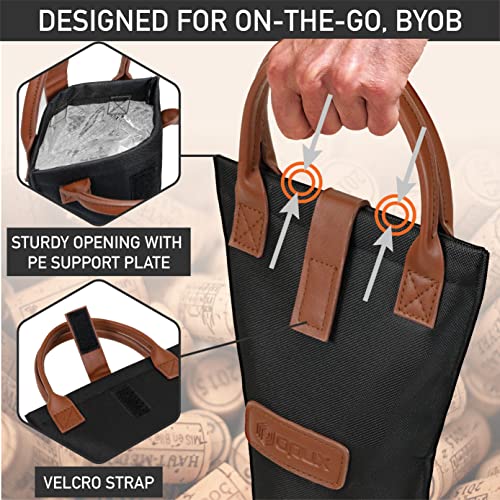 OPUX Single Bottle Wine Tote Bag - Insulated Padded Thermal Wine Carrier Bag for One Bottle | Portable Protective Wine Cooler for Travel Picnic Beach BYOB Wine Gifts - Black