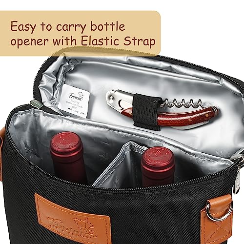 Tirrinia 2 Bottle Wine Tote Carrier - Insulated Portable Padded Versatile Wine Cooler Bag for Travel, BYOB Restaurant, Wine Tasting, Party, Dinner, Great Christmas Day Wine Lover, Black