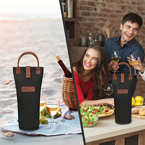 OPUX Single Bottle Wine Tote Bag - Insulated Padded Thermal Wine Carrier Bag for One Bottle | Portable Protective Wine Cooler for Travel Picnic Beach BYOB Wine Gifts - Black