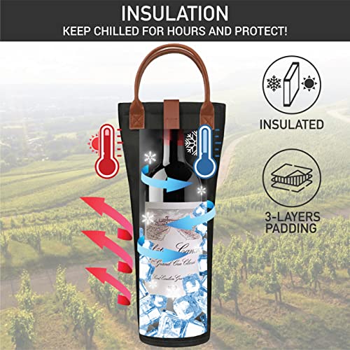 OPUX Single Bottle Wine Tote Bag - Insulated Padded Thermal Wine Carrier Bag for One Bottle | Portable Protective Wine Cooler for Travel Picnic Beach BYOB Wine Gifts - Black