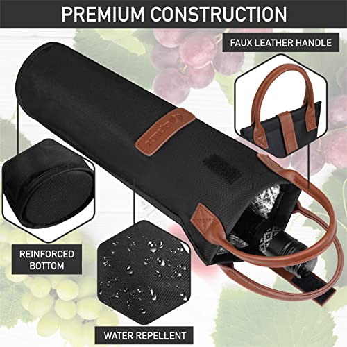 OPUX Single Bottle Wine Tote Bag - Insulated Padded Thermal Wine Carrier Bag for One Bottle | Portable Protective Wine Cooler for Travel Picnic Beach BYOB Wine Gifts - Black