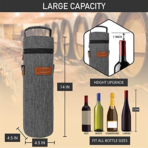 OPUX Wine Bag Single Bottle Carrier Tote, Insulated Wine Cooler Bag for Travel Picnic Beach with Shoulder Strap, Thermal One Bottle Holder Carrying Case Wine Gift for Women Men, Charcoal Gray