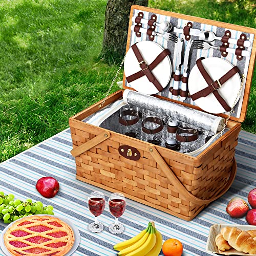 Alfresco Picnic Basket Set, Wooden Outdoor Food Storage Baskets Camping Cutlery Kit with Insulated Cooler Bag Travel Hiking Beach Picnics, for 4 Ground Blanket Cutleries Brown